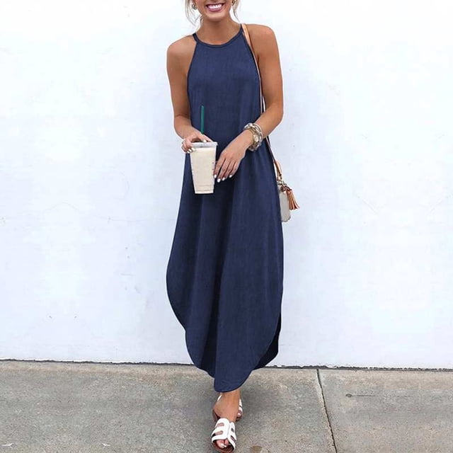 CEHVOM Robe Longue Sans Manches en Denim Ample pour Femme Grande Taille, Couleur Unie
