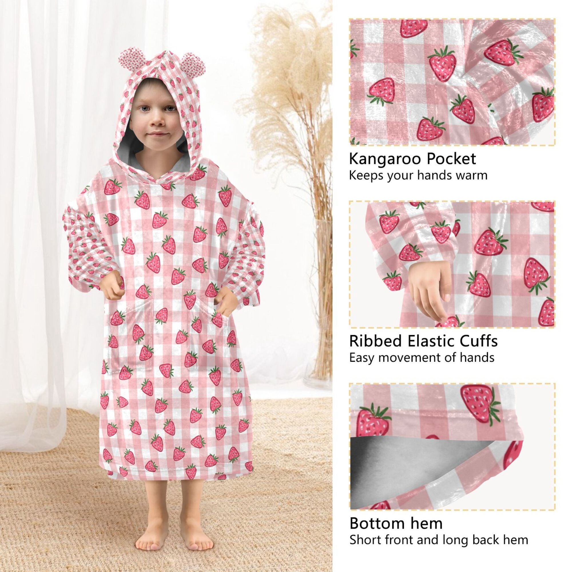 FORMRS Wearable Blanket Hoodie with Sleeves for Kids Cozy Flannel Sweatshirt, Strawberry Plaid Pattern