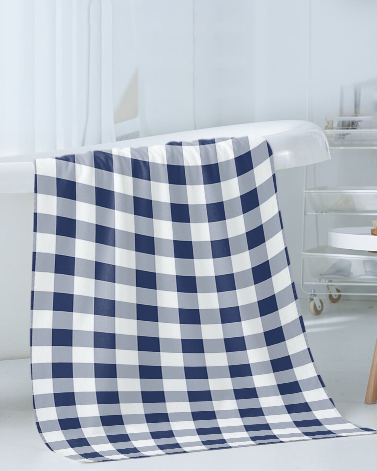 Navy Blue White Plaid Towel Set of 3, Soft Microfiber Bath Towels, Hand Towel, Washcloths, Farmhouse Checkered Buffalo Quick-Dry Absorbent Towels for Bathroom Kitchen Hotel Beach Gym Spa