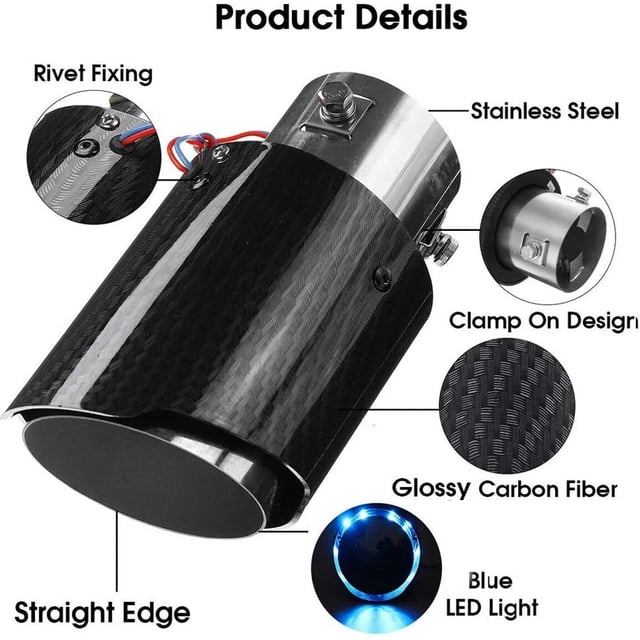 2.5'' 63mm Carbon Fiber Exhaust Tip with Blue LED Light Stainless Steel Muffler Tip Modification Luminous Tube