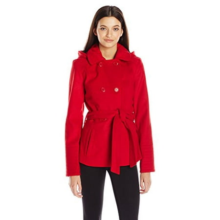 Belted Textured Wool Blend - Celebrity Pink Junior's Belted Faux Wool, Cherry Red, Medium