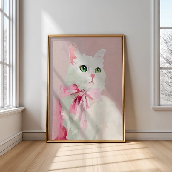 White Cat With Pink Bow Art Poster: Girly Kitten Illustration, Unframed Poster Size 8x12