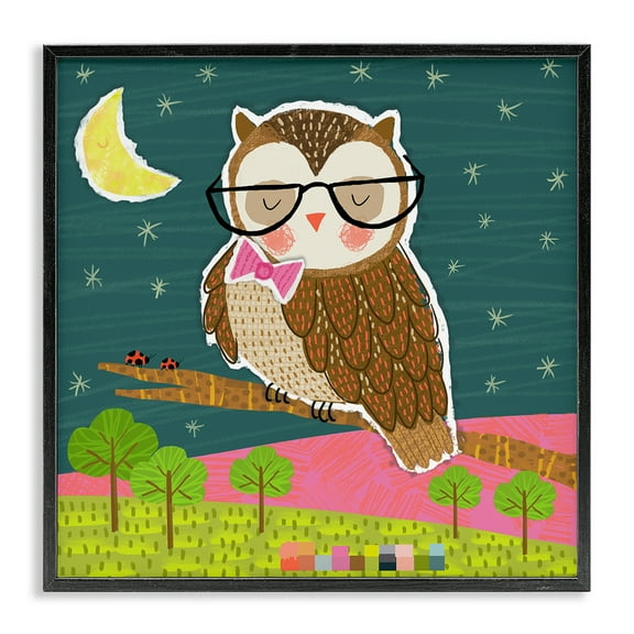 Stupell Industries Wise Owl on Branch Animals Painting Black Framed Art Print Wall Art, 12 x 12