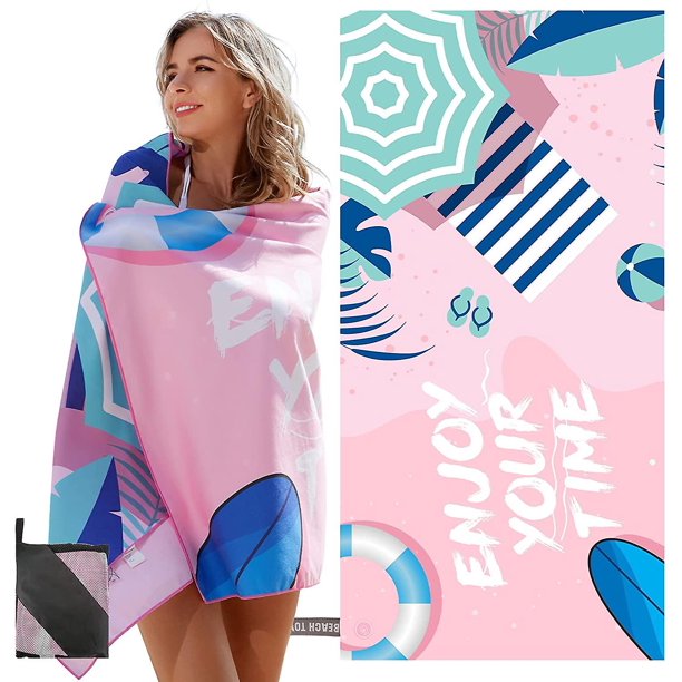 Toalla de playa con etiquetas UV, tapete de playa, material de microfibra, sin arena, tamaño adecuado (16080 cm), secado rápido, diseño de cuerda elástica, bolsa de almacenamiento, rosa