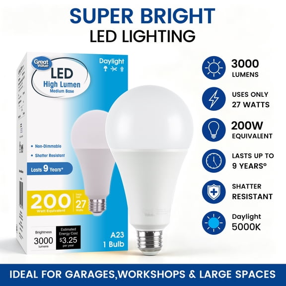 Great Value High Output A23 LED Light Bulb, 27W, 200W Equivalent, Daylight, E26 Medium Base
