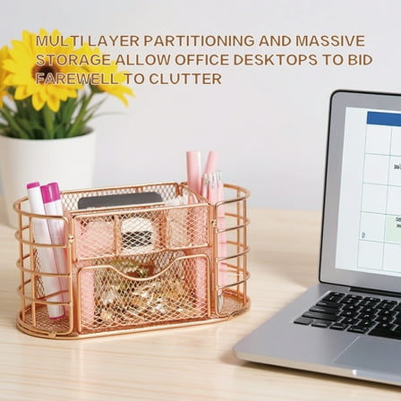 Rose Gold Desk Organizer Set – Large Metal Pen Holder & Makeup Brush Cup, Multi-Purpose Office Organizer for Stationery, Sticky Notes, Paper Clips | Stylish Stainless Steel Home & Office Decor