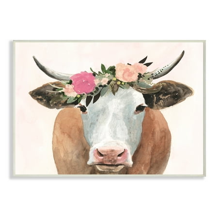 Cow Decor - The Stupell Home Decor Collection Springtime Flower Crown Farm Cow with Horns Wall Plaque Art, 10 x 0.5 x 15