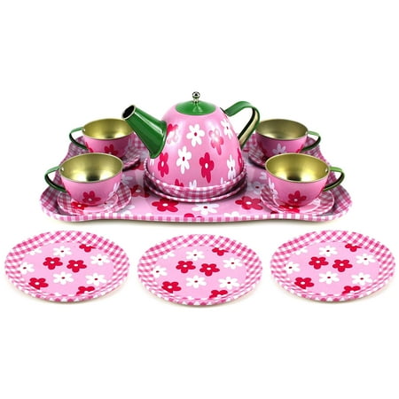- Flower Springtime Children's Kid's Full Metal Durable Pretend Play Toy Tea Set w/ Cups, Tea Pot, Plates, Tray (Styles May Vary)