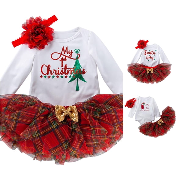 ZXLBBD Girls Christmas Baby Girl 1st Christmas Outfits Letter Print Romper Plaid Tutu Dress Headband 3 Piece Set Clothes Sets,White,Size 3 M-6 M