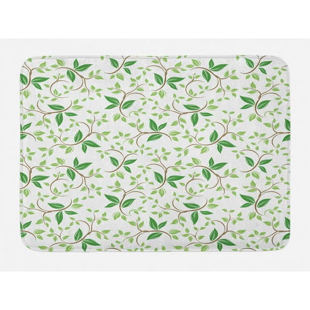 Leaf Bath Mat, Ivy Patterns with Tiny Fancy Green Leaves Branches Creme