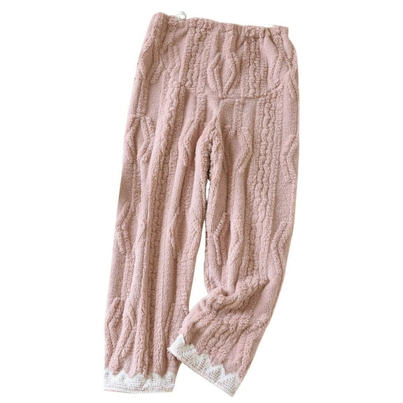 Lenpel Women's Fuzzy Fleece Pajama Pants Elastic Waist Lace Hem Wide Leg Plush Sleep Lounge Pants Cozy Warm Pj Bottoms(Pink,X-Large)