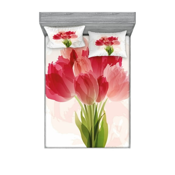 Ambesonne Flower Fitted Sheet & Pillow Sham Set, Watercolor Tulip Bouquet, Full, Pink Coral Green