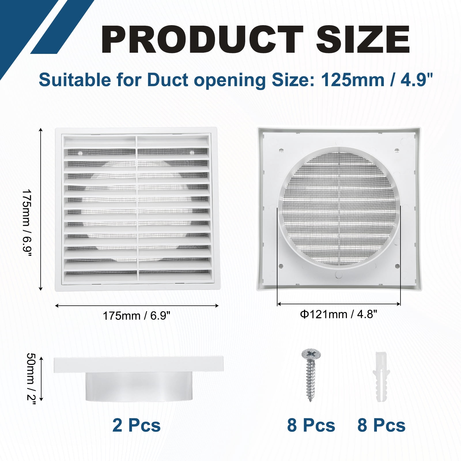 Uxcell 2Set Vent Cover with Screen Mesh (5" Opening, 5.5"L x 5.5"W) - Square Louver Air Wall Vent ABS Plastic Exhaust Ventilation Grille for Central AC/Bathroom/Kitchen/Garage, White