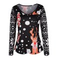 thumbnail image 2 of Camisa de mujer de manga larga con estampado colorido para alegrar las fiestas, camiseta navideña negra con cuello en V, 2 of 6