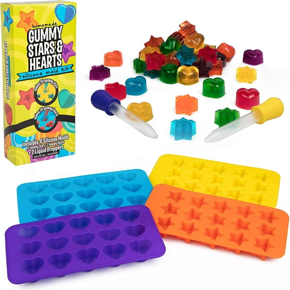 Silicone Gummy Star & Heart Candy Molds 4-Pack, BPA-Free Chocolate & Jelly Mold Set with 2 Droppers, Nonstick Flexible Trays for Homemade Treats & Party Favors, Makes 60 Pieces, Baking Accessories
