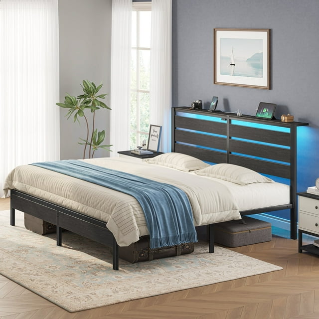 Greenstell King Size Platform Bed Frame with Storage Headboard, LED Lights & USB Charging Station, Metal Bed Frame Black
