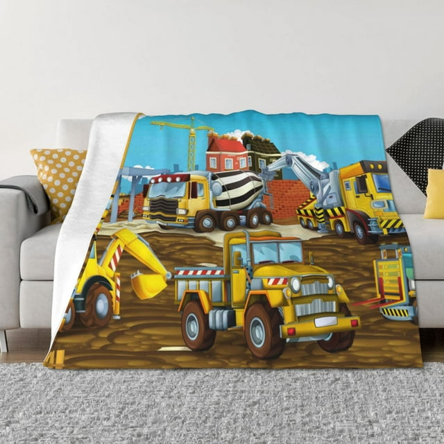 Bingfone Different Construction Site Vehicles Pattern Horizontal 240g Flannel Blanket, Soft and Wrinkle-resistant Sofa Blanket, Warm Single Blanket Suitable for Home and Travel-40"x30"