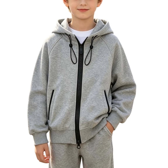 Ohufall Sweatshirt Jacket for Kids Boys Hooded Zipper Solid Color Sweatshirts Long Sleeve Drawstring Fashion Casual Top 3-15Y