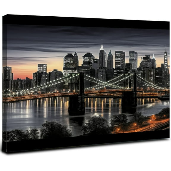 ONETECH Black and White Brooklyn Bridge Canvas Wall Art New York City Picture Print Skyline Painting on Canvas Modern Home Office Wall Decoration Ready to Hang 20x16inch
