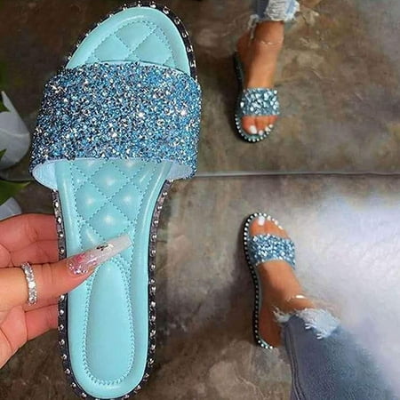 

absuyy Womens Slide Sandals- Fashion Casual Open Toe New Style Summer Flat Slide Sandals #598 Blue-7.5