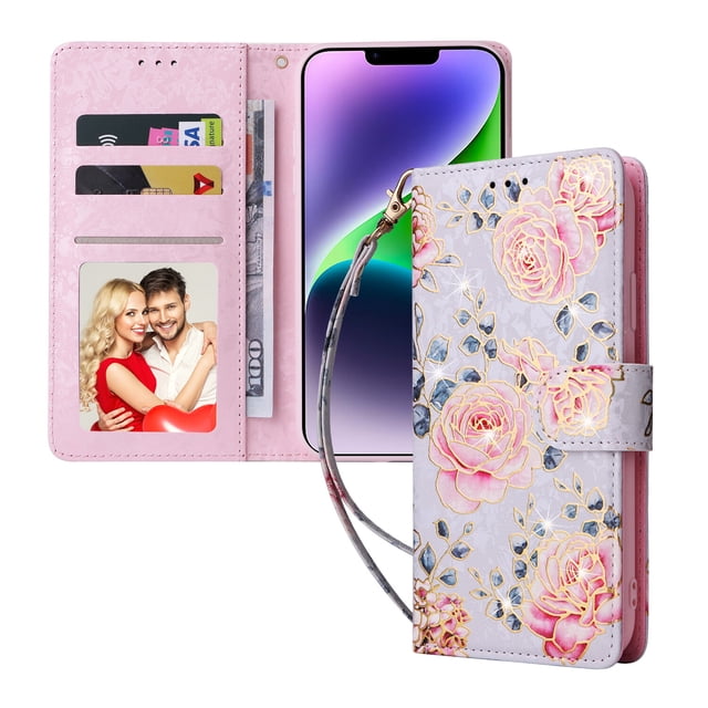 Compatible with iPhone 14 Plus Case Retro Gilded Flower PU Leather RFID Blocking Wallet Cover