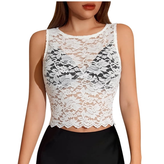 Htigea Women's Lace Sheer Crop Tank Tops Sleeveless Round Neck Fitted Tanks See Through Base Layer Shirts for Summer White S