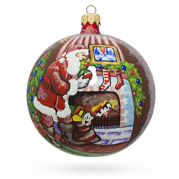 Santa Filling Stockings by a Cozy Fireplace Glass Ball Christmas Ornament 4 Inches