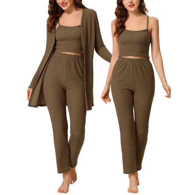 Pijama de punto cheibear para mujer Ropa de dormir casual Pantalones Shrug Cárdigan 3ps Lounge Set Marrón medio