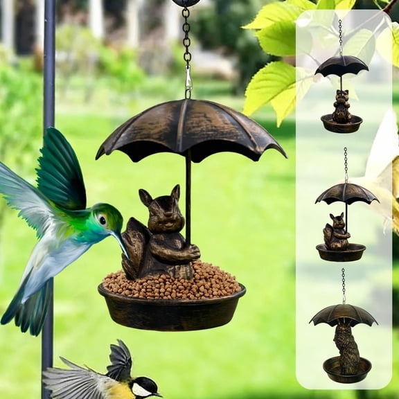 Vintage Metal Bird Feeder With Umbrella Hanging Outdoor Bird Bath, Iron Brown Rustic Bronze Finish, 11in Garden Yard Patio Lawn Decor Wild Bird Feeder