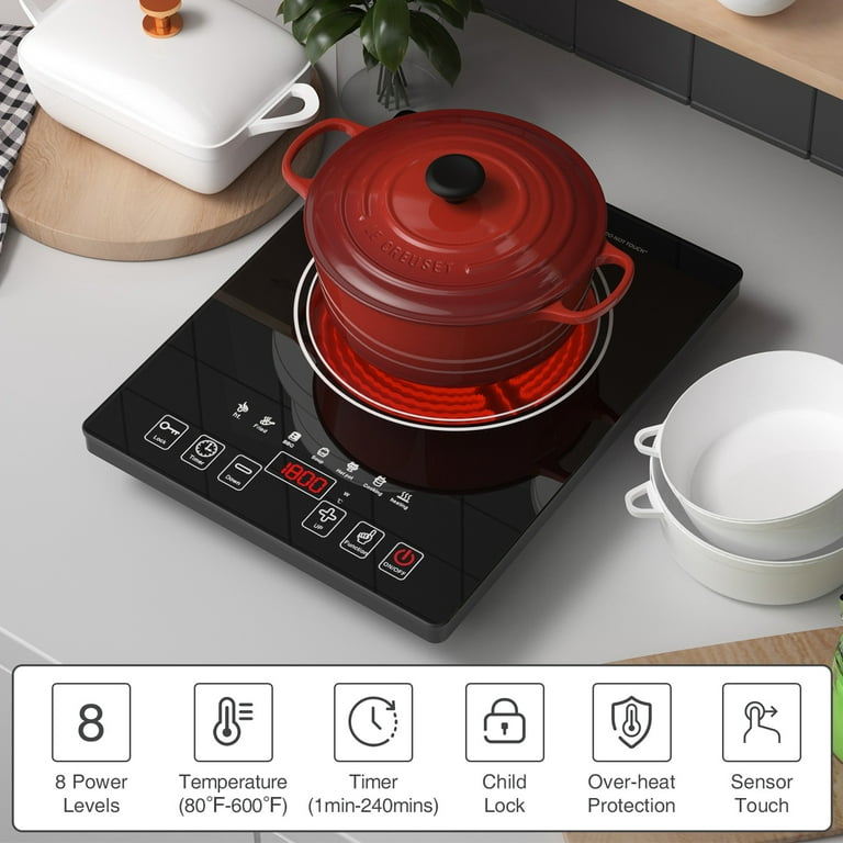VBGK Electric Cooktop,110V Electric Stove Top,Single Burner Electric Cooktop  LCD Touch Control,9 Power Levels, Kids Lock &Timer,Overheat  Protection,1800W Portab…