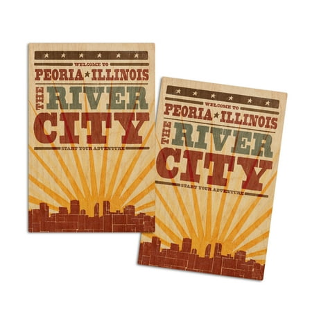 

Peoria Illinois Skyline and Sunburst Screenprint Style (4x6 Birch Wood Postcards 2-Pack Stationary Rustic Home Wall Decor)