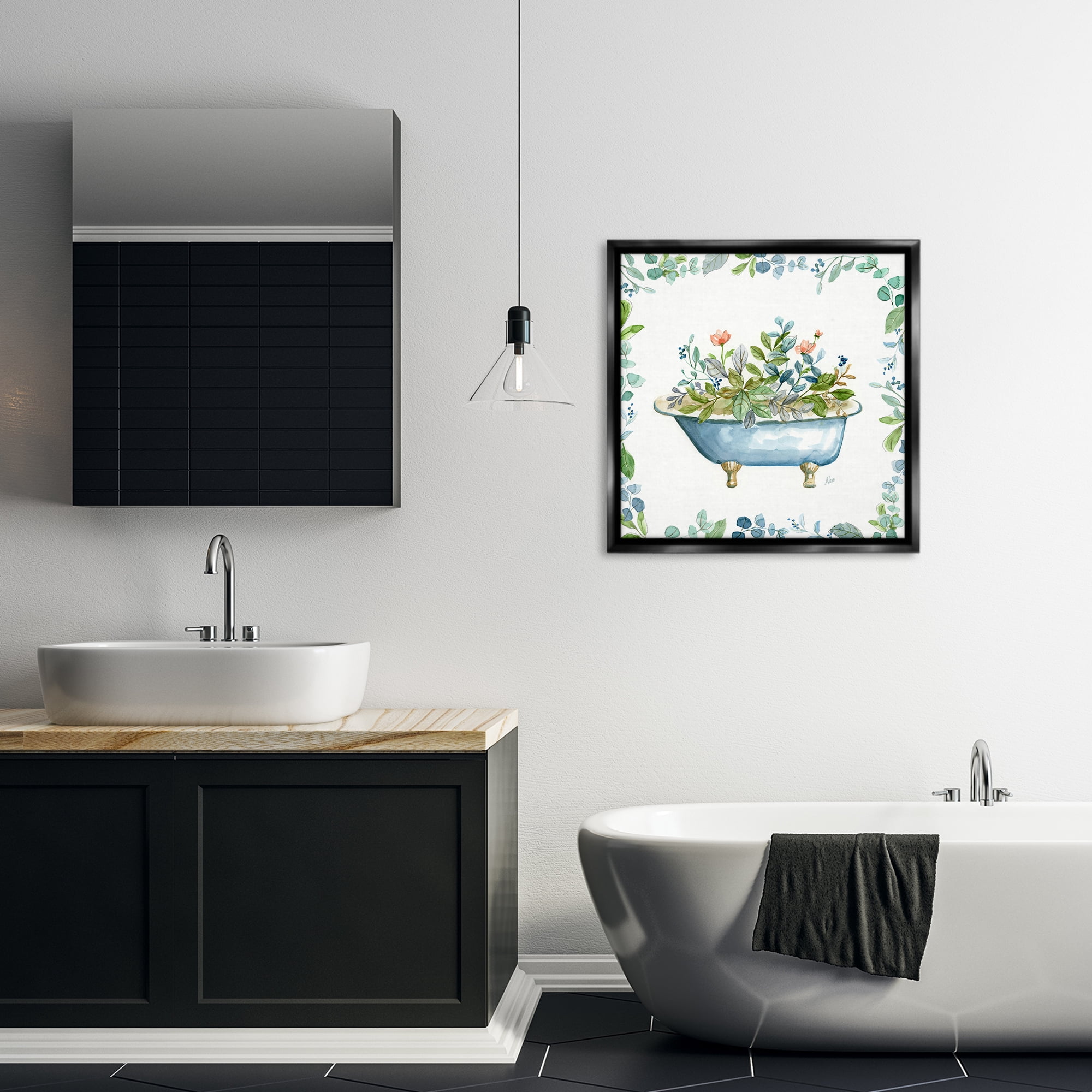 Stupell Industries Botanical Bath Tub Typography Painting Black Floater Framed Canvas Art Print Wall Art, 25 x 25