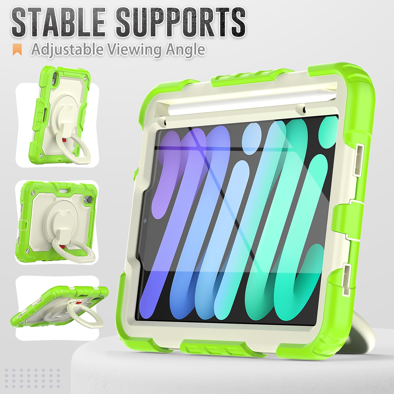 Allytechgroup Screen Protector Case for Apple iPad mini 7th Gen/ 6th Gen 8.3 Inch, Heavy Duty Protective Build-in Pencil Holder Handle Stand Rugged Bumper Case Kids Friendly for iPad mini 6 7, Lime
