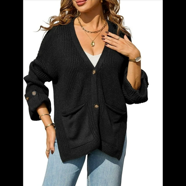Suéter de Punto Grueso para Mujer, Cárdigan de Larga con Cuello en V, Botones y Bolsillo para Otoño e Invierno. Negro XL