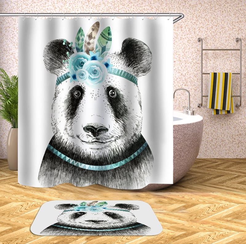 Shower Curtains Set Animal Print Bear Pattern 3D Printed Bears NonSlip Pedestal Rug Floor Mat