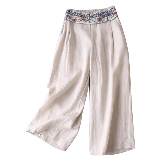 Pantalons Larges pour Femmes Été Style Mince Style Ethnique Pantalons Rétro Droits Décontractés en Lin Pantalons Décontractés pour Femmes Taille Élastique Pantalons Cargo Raccourcis pour Femmes Été Décontracté