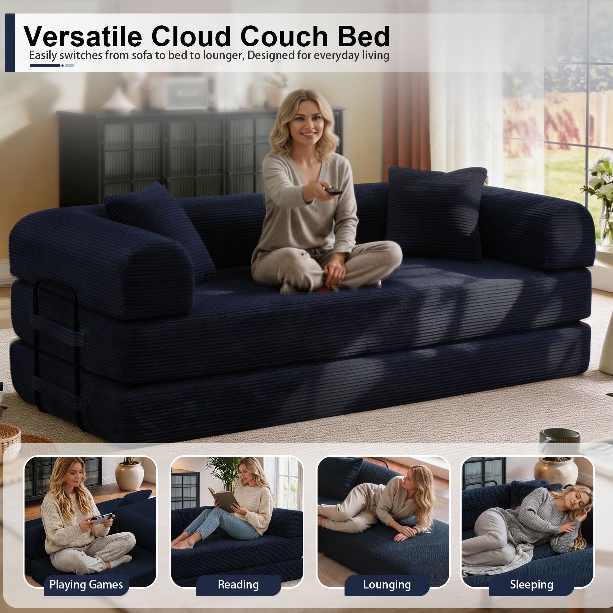 78" Convertible Sleeper Sofa Bed, Holaki Compression Folding Sofa with Pillow & 3 Seat, Corduroy Folding Sofa Couch with Fixed-Shape Frame, Floor Sofas Lounge Couch for Living Room Bedroom, Blue