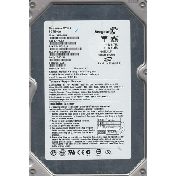ST380011A, 5JV, WU, PN 9W2003-311, FW 3.06, Seagate 80GB IDE 3.5 Hard Drive