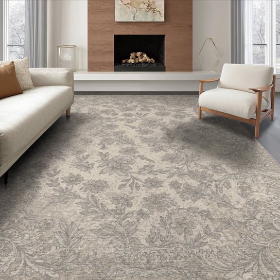 ODIKA 8'x10' Washable Area Rug Non-Shedding, Easy Care, Grey Vintage Boho Faded Botanical Scroll Distressed Scrollwork Large Flowing for King Size Bedroom Under Bed, Master Suite