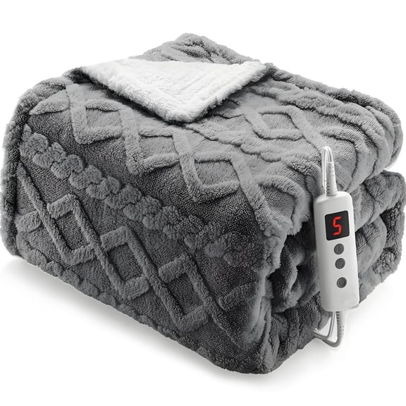 GARVEE Electric Heated Blanket Throw,50"×60" Fast Heating Blanket Throw with 10 Heating Levels&10 Time Settings,Grey