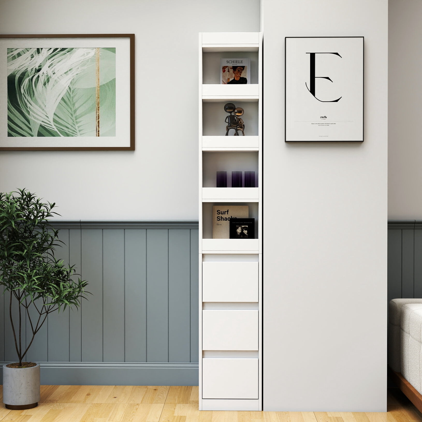 70.87" H Wooden Bookshelf with 3 Drawer, 4 Tier Narrow Display  Storage Cabinet, Corner Book Case for Bedroom Living Room Office, White