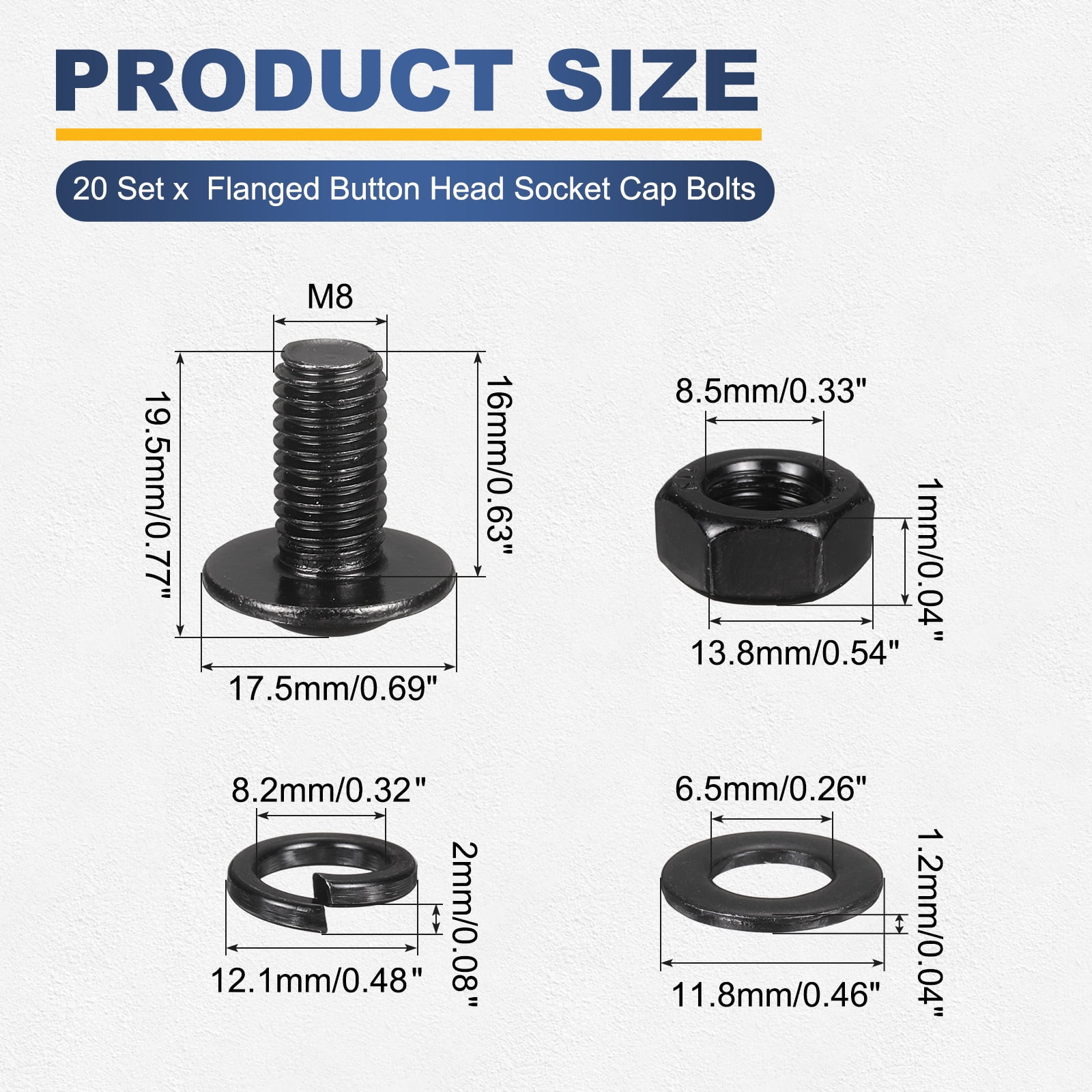 20 Set M8 x 16mm Flanged Button Head Socket Cap Screws, Black 304 Stainless Steel 18-8 Hex Socket Head Screws Bolts, Nuts, Flat & Lock Washers for DIY, Furniture, Automotive