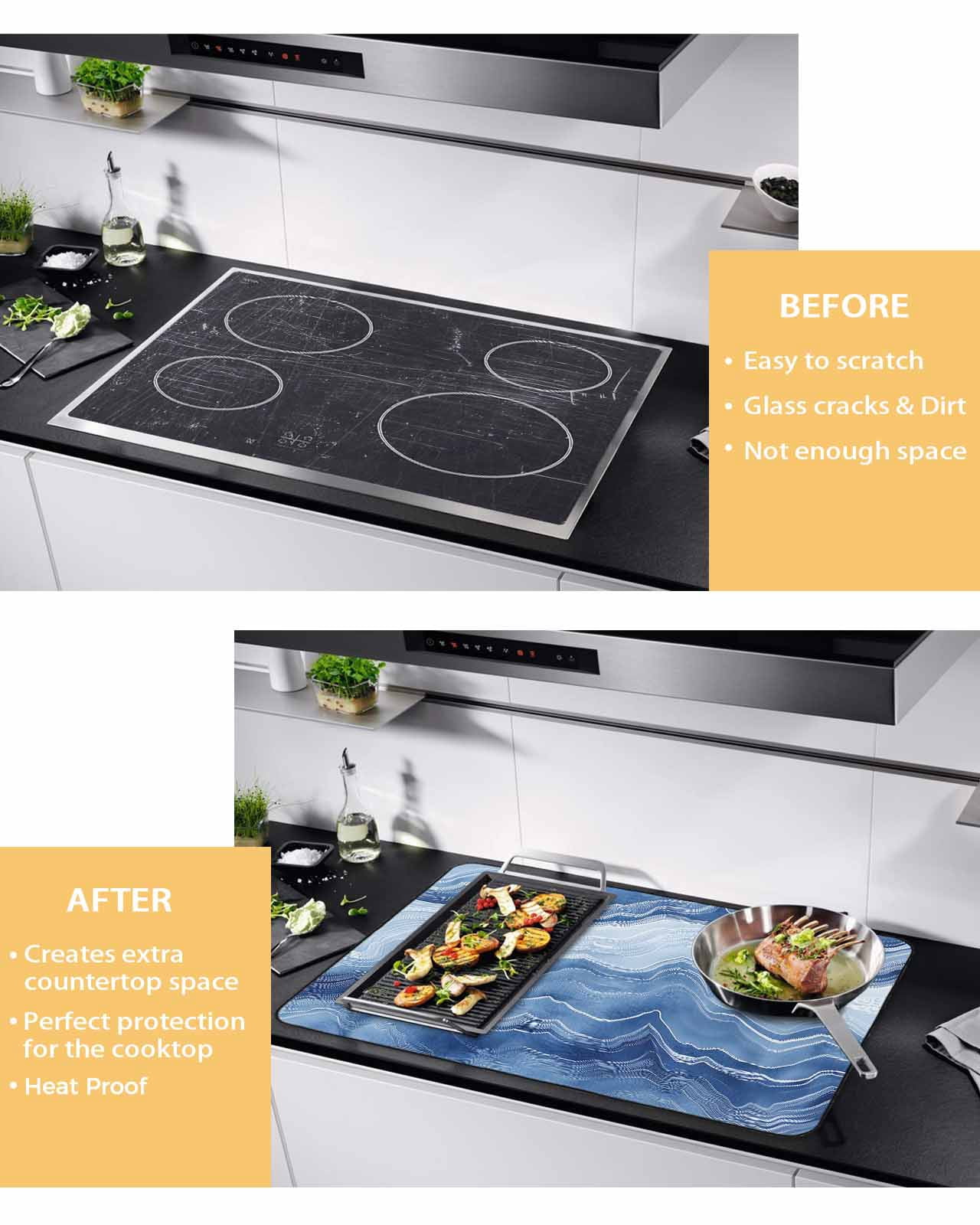nqOlkjepod Large Induction Cooktop Protector Mat 24"x21", Blue Marble Stove Top Covers for Electric Stove, Modern Farmhouse Ombre Abstract Pattern Stove Burner Cover Mats, Glass Top Stove Cover