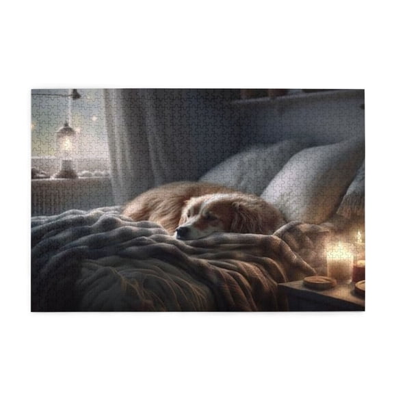 500 Piece Wooden Cozy Sleeping Dog Jigsaw Puzzle For Adults – Challenging Yet Relaxing Activity, Serene Candlelit Bedroom Art, Great Stress Relief Gift