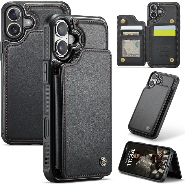 KOMI for iPhone 16 Case with RFID Blocking and 4 Credit Card Holder, Premium Durable Slim Leather Magnetic Clasp Kickstand Heavy Duty Shockproof Protective Cover Black