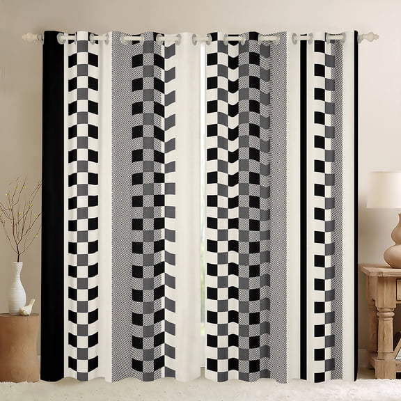 Manfei Chic Abstract Teens Black Out Curtains, Black Square Checkered Curtains Pack of 2 (42x63 Each), Modern Buffalo Plaid Bedroom Curtains, Window Curtains Decor