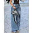 thumbnail image 2 of Women's High - Waisted Wide - Leg Jeans Loose Fit Fashion Casual Retro Casual Trend Cotton Denim Classic Button Pocket Design Multiple Washes (Black/Blue/Gray) Fashion Everyday Pants, 2 of 5