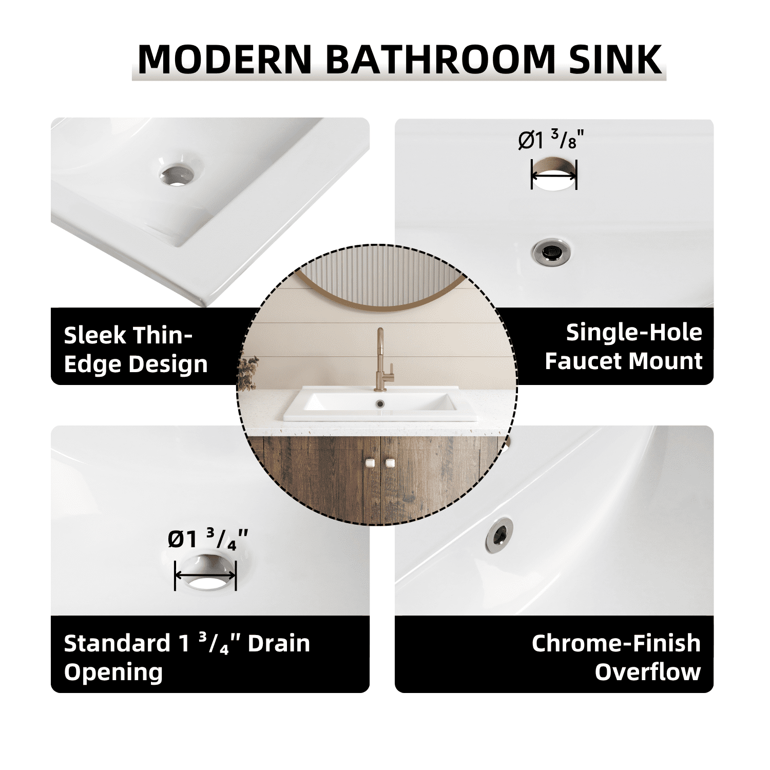 Los Flexi Drop-In Bathroom Sink 20” × 18” Durable Glossy White Ceramic Rectangular Classic Style with Single Faucet Hole & Overflow