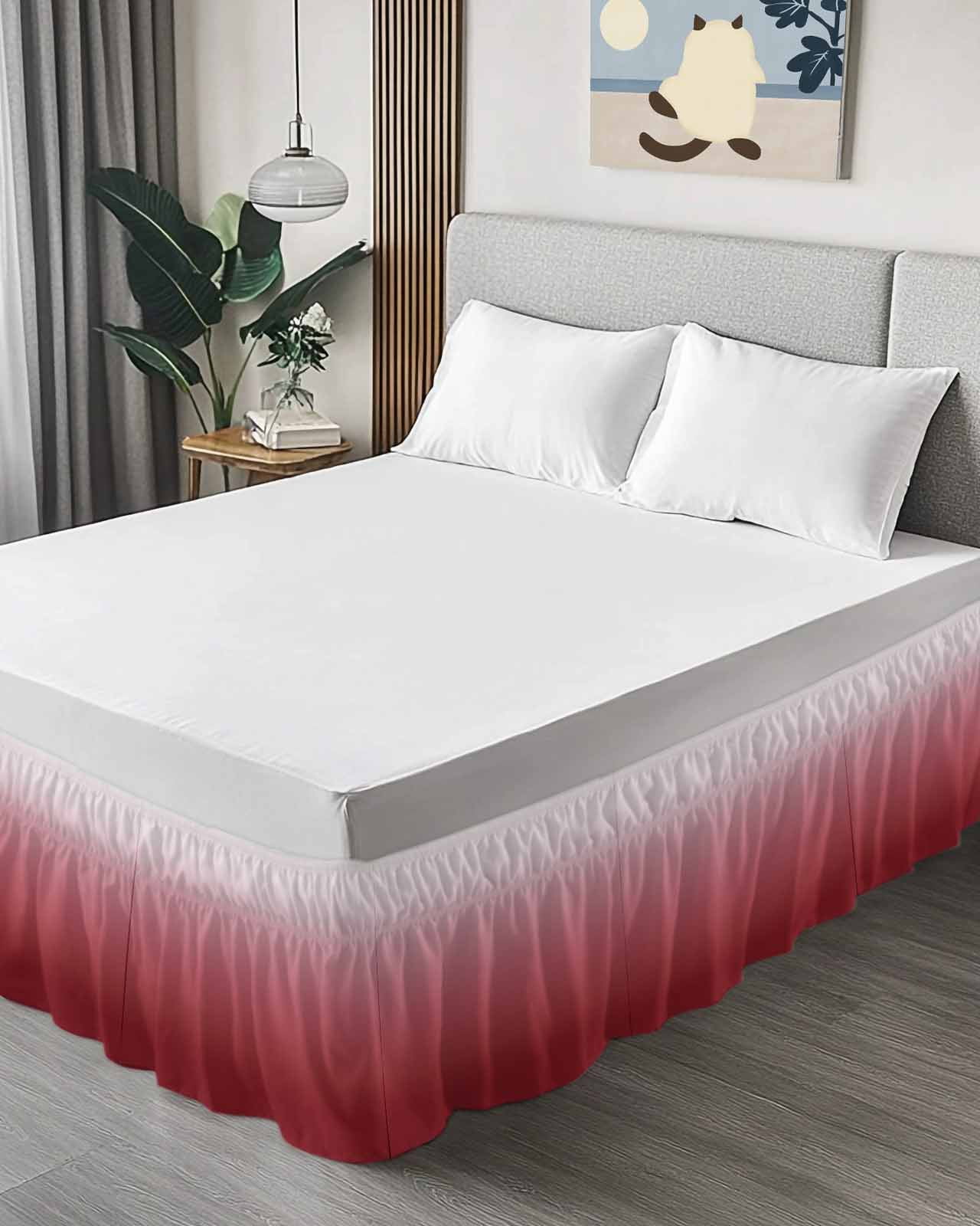 Red Gradient Bed Skirt Queen Size 16" Drop Ruffled Wrap Around Bed Skirts Adjustable Elastic Bedskirt Dust Ruffle for Queen Size Bed