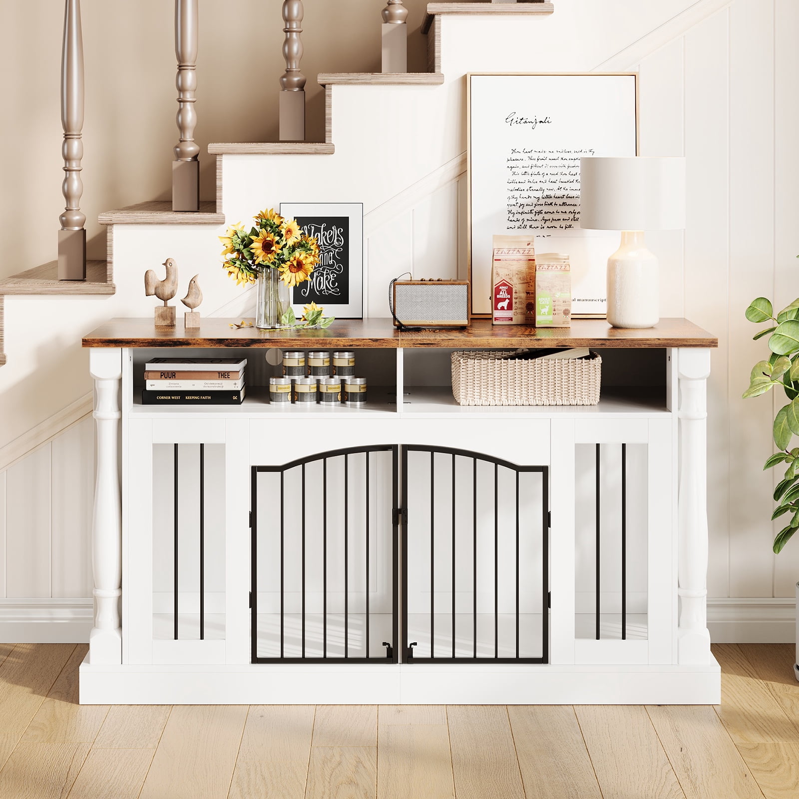 Heavy Duty Double Dog Crate Furniture for 2 Dogs - 63" Wooden Kennel with Roman Column Design - TV Stand & Open Storage, Sliding Barn Doors - For Small & Medium Breeds - Rustic Tiger Wood